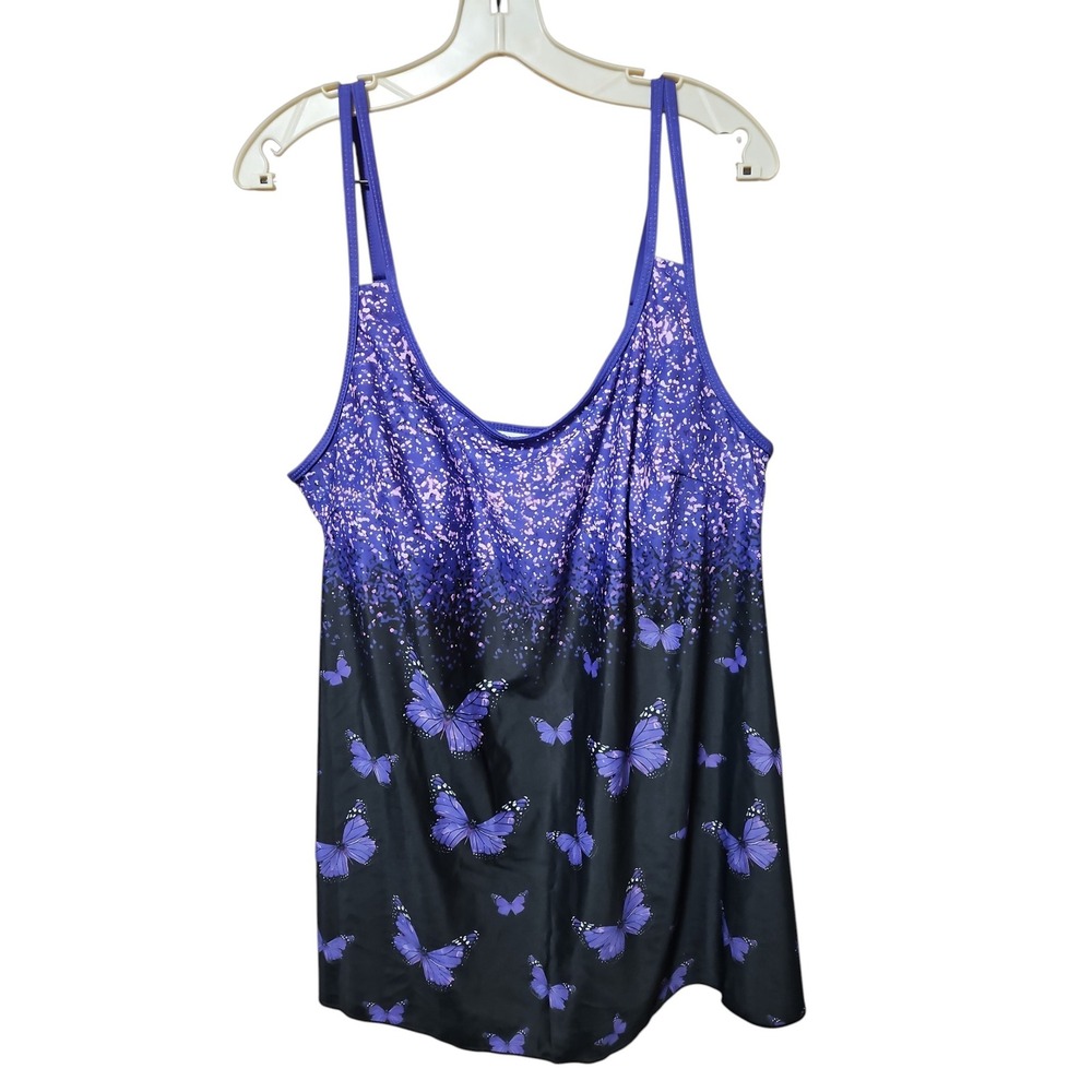 Purple Butterfly Print Tankini Swimsuit Set with Black Swim Shorts  0645